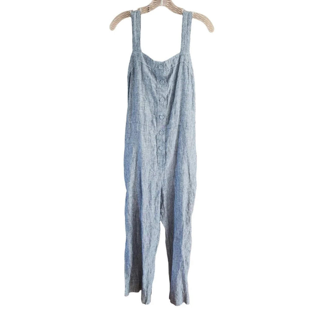 EVERLANE Button-Front Linen Striped‎ Jumpsuit Size 8 Blue and White 111